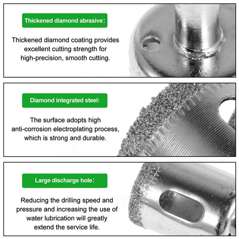 Close-up of thickened diamond abrasive, diamond integrated steel, and large discharge hole for Adjustable Diamond Hole Saw Kit With Hollow Drill Guide And Suction Cup Base High Precision Tile Opener Includes 15 Drill Bits For Glass Ceramic Marble Granite Double Suction Cup For Stable Clean Cuts Clamping Range 4 To 83 Mm