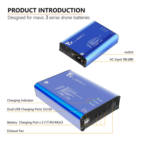 Close-up of Five in One Rapid Smart Battery Charging Hub for DJI Mavic 3 Drone Series with dual USB and AC input features visible.