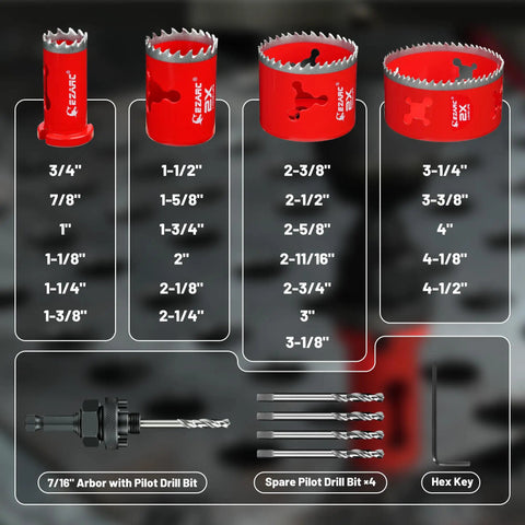 EZARC 30pcs Bi-Metal Hole Saw Kit with 8% Cobalt Cuts Multi-Materials Like A Pro From 3 4 Inch To 4 1 2 Inch Heavy Duty Drilling Tools For Wood Steel And Metal, sizes and arbor