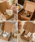 Bulk 300 Pack Small Shipping Boxes 6 X 4 X 1.5 Inches Corrugated Kraft Mailers For Jewelry Cosmetics Soap And Craft Projects shown filled with gifts