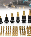 77 Piece Carbon Steel Rivet Nut Tool Set With M3 To M12 Mandrels And 70 Rivet Nuts Pro Grade Kit For Creating Strong Threaded Fasteners Quick Size Match For DIY Garage Projects And Auto Repairs; mandrels and rivet nuts laid out