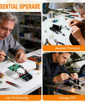Collage of people using All Metal Soldering Helping Hands With Two Adjustable Arms Heat Resistant PCB Clamp Stand for electronics.