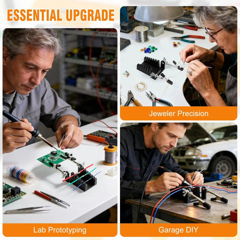 Collage of people using All Metal Soldering Helping Hands With Two Adjustable Arms Heat Resistant PCB Clamp Stand for electronics.