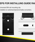 12 Pack Din Rail Mounting Clips One Point Oh Eight Inch Wide Snap In Universal Black Aluminum Alloy Relay Clips for 35mm Din Rail Switches and Injectors Durable Easy Install Great for Electrical Panels and Enclosures, showing universal rail mounting clip installed on 35mm rail with text instructions.