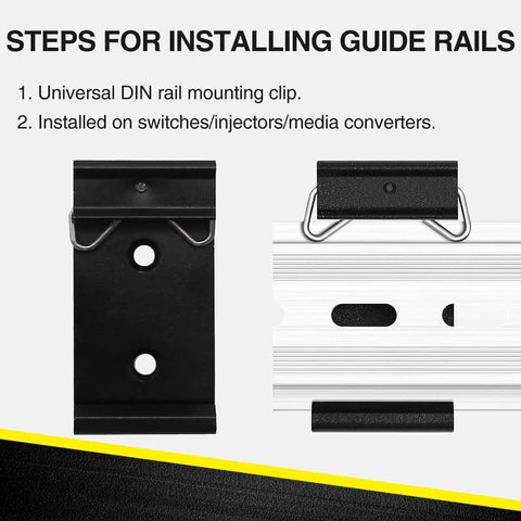 12 Pack Din Rail Mounting Clips One Point Oh Eight Inch Wide Snap In Universal Black Aluminum Alloy Relay Clips for 35mm Din Rail Switches and Injectors Durable Easy Install Great for Electrical Panels and Enclosures, showing universal rail mounting clip installed on 35mm rail with text instructions.