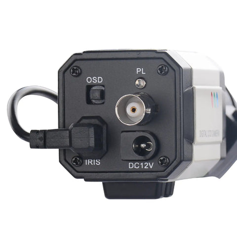 Back view of Compact Hd CCTV Camera One Third Inch CCD 960H 1000TVL Auto Iris Varifocal 2.8 to 12mm Bullet Box indoor outdoor surveillance.