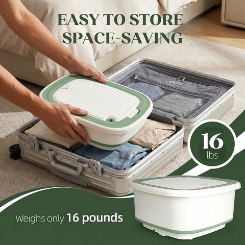 No Sweat Portable Washing Machine And Slick Foldable Washer With 1.8 Cubic Foot Capacity weighs 16 lbs and fits in a suitcase.