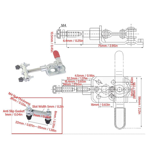 Technical diagram of 40kg Quick Release Toggle Clamp With Left Right Operation, dimensions, and components visible.