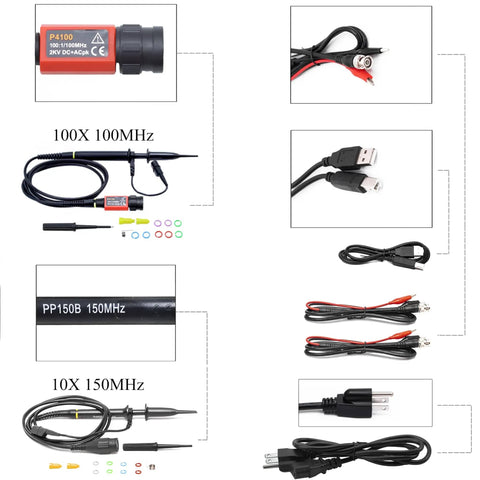 Budget Friendly Digital Storage Oscilloscope With 150 MHz Bandwidth accessories showing probes and cables.