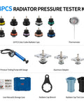 Heavy Duty 18 Piece Radiator Pressure Tester Kit For Coolant System Leak Detection With Pump Gauge Adapter Set Thermometer includes radiator caps, pump, gauge, and tools.