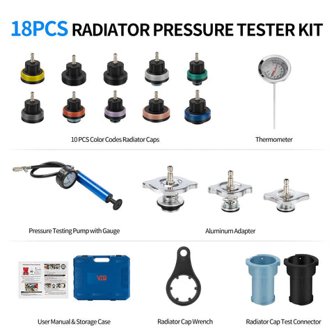 Heavy Duty 18 Piece Radiator Pressure Tester Kit For Coolant System Leak Detection With Pump Gauge Adapter Set Thermometer includes radiator caps, pump, gauge, and tools.