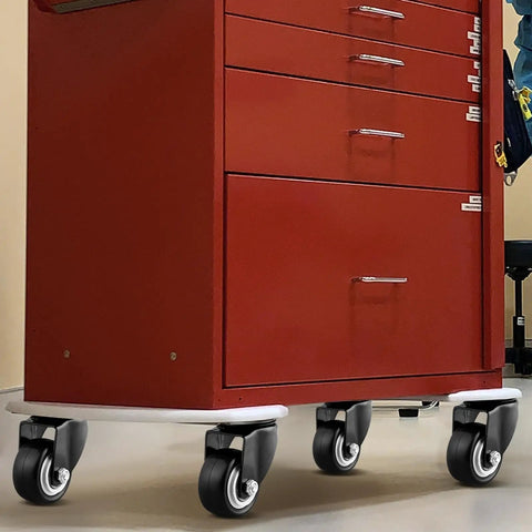 Tough As Nails Heavy Duty Swivel Casters Set Of 16 with Dead Silent PU Wheels mounted on a red workbench.