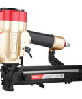 Heavy Duty 16 Gauge 1 Inch Wide Crown Pneumatic Stapler For Roofing And Lathing With Tool Free Jam Release And Visible Magazine Accepts Five Eighths To One And A Half Inch PW2638 L Staples, side view showing metal finish and handle.