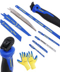All In One 8 In 1 Quick Change Hand Saw Kit With Cr V And HSS Blades For Drywall Sheetrock Wood Metal Plastic And Plywood Non Slip Grip Includes Gloves And Instruction Manual displayed with saw handle, multiple blades, and gloves