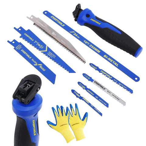 All In One 8 In 1 Quick Change Hand Saw Kit With Cr V And HSS Blades For Drywall Sheetrock Wood Metal Plastic And Plywood Non Slip Grip Includes Gloves And Instruction Manual displayed with saw handle, multiple blades, and gloves