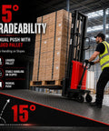 Heavy Duty 5500 Lbs Semi Electric Pallet Stacker With Adjustable Steel Forks For Warehousing And Material Moving featuring stable handling on slopes and loaded pallet.