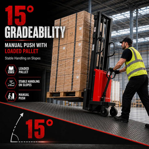 Heavy Duty 5000 Lb Warehouse Pallet Stacker That Gets The Work Done With A Sweet 118 Inch High Lift Semi Electric Walkie Stacker Featuring A Kickin 5.2 Kw Motor And A Long Lasting 72 Volt Battery For Easy Fork Adjustments with a loaded pallet on a sloped surface