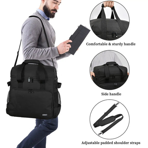 Man carrying Padded Stand Mixer Travel Bag For 6 To 8 Quart KitchenAid with multiple handles and adjustable shoulder straps