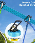 Heavy duty ratchet strap supporting 50 Ft Ninja Warrior Obstacle Course Swing Set With Slackline And Saucer Swing For Backyard Epic Playtime Weatherproof Outdoor Kids Playground With Monkey Bars And Jungle Gym