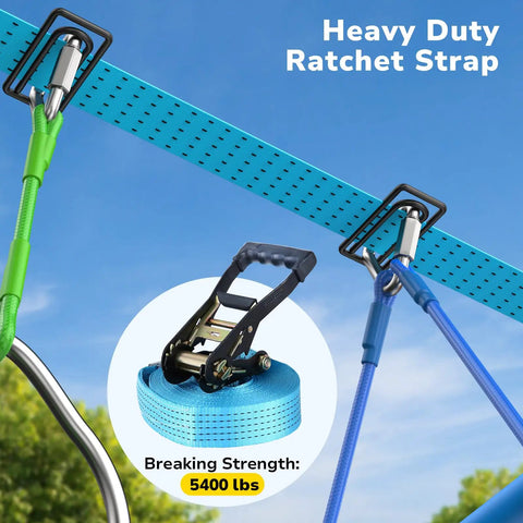 Heavy duty ratchet strap supporting 50 Ft Ninja Warrior Obstacle Course Swing Set With Slackline And Saucer Swing For Backyard Epic Playtime Weatherproof Outdoor Kids Playground With Monkey Bars And Jungle Gym