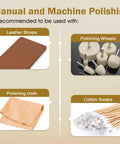Manual and machine polishing tools including leather strops, polishing wheels, cloth, and cotton swabs for 8 Pack Diamond Polishing Compound Set Pro Grade With 30 Percent Diamond Powder, Grit From 80000 To 30000 For Ultra Mirror Lapping On Glass, Metal, Marble, Rock, Watch And Jewelry Scratches Remover And Repair Kit