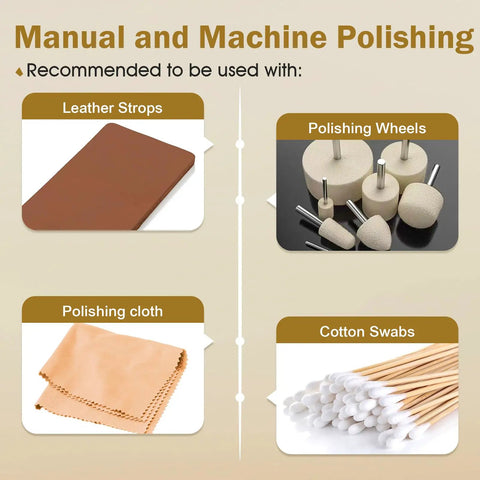 Manual and machine polishing tools including leather strops, polishing wheels, cloth, and cotton swabs for 8 Pack Diamond Polishing Compound Set Pro Grade With 30 Percent Diamond Powder, Grit From 80000 To 30000 For Ultra Mirror Lapping On Glass, Metal, Marble, Rock, Watch And Jewelry Scratches Remover And Repair Kit