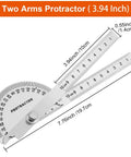 Two Arm Stainless Steel Protractor And Ruler Combo For Woodworking 0 To 180 Degrees 0 To 4 Inches Measuring Tool shown with dimensions.