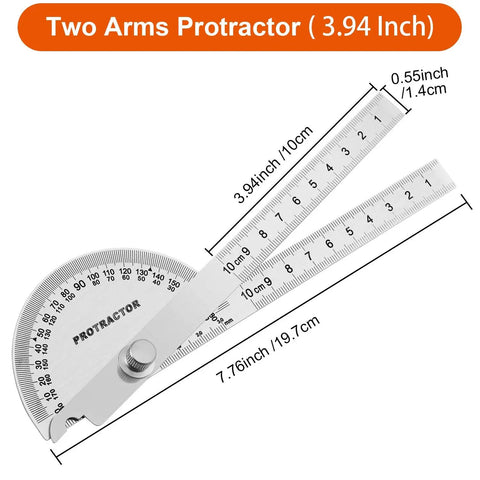 Two Arm Stainless Steel Protractor And Ruler Combo For Woodworking 0 To 180 Degrees 0 To 4 Inches Measuring Tool shown with dimensions.