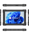 Built Like A Tank Rugged Tablet PC Running Windows 11 Pro On A Crisp 10.1 Inch Sunlight Readable Screen, showcasing multiple angles and ports.