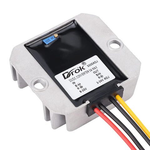 Adjustable Voltage Regulator DC to DC Buck Converter 8 to 35V Input 3 to 24V Output 5A IP68 in aluminum case with wires