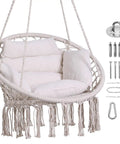 Macrame Hammock Chair With Cushion And Hardware Kit For Indoor And Outdoor Chill Boho Swing Seat For Patio Balcony Porch Or Bedroom Beige