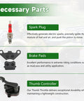 Image showing necessary parts for ATV: spark plug, brake pads, thumb controller with descriptions.
