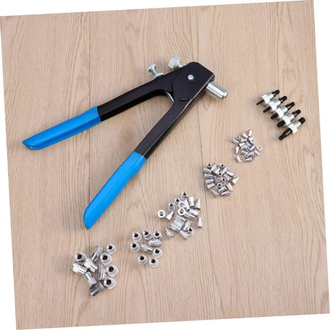 Heavy Duty Rivet Nut Installation Kit With 86pc Assorted M5 M7 M8 Threads And Sturdy Aluminum Tool For Easy Assembly Work That Slays hand rivet tool with assorted rivet nuts on wood floor