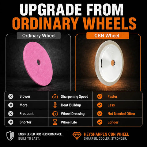 Comparison image of Pro Grade CBN Chainsaw Grinding Wheel 5 3/4 Inch Diameter and ordinary wheel features.