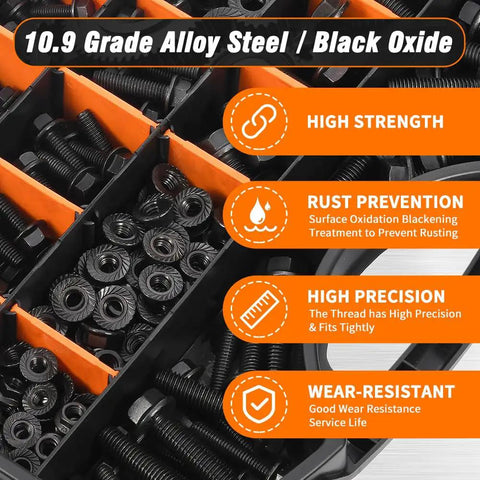 280 Piece M5 M6 M8 Flanged Hex Bolts And Flange Nuts Assortment Grade 10 9 High Strength Alloy Steel Serrated Cap Screws For Automotive Repair Heavy Duty Projects Hella Tough Reliable Hardware Kit with black oxide finish and rust prevention features.