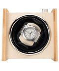 Front view of Wooden Dope Watch Winder Box For Automatic Watches, displaying a watch inside, dual power rotating device.