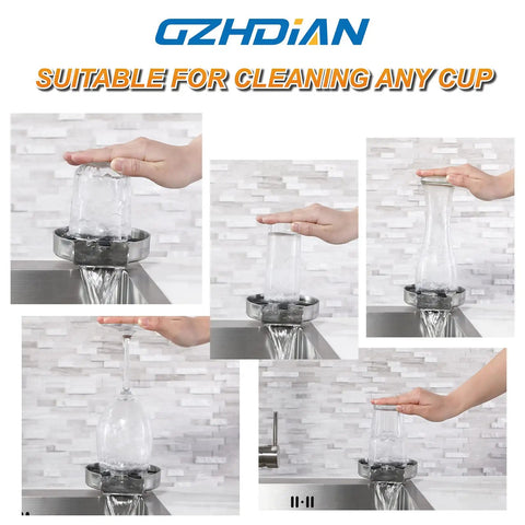 Stainless Steel Glass Rinser With 360 Degree Rotating Spray For Kitchen Sink, Eight Water Outlets in use, rinsing glass bottles.