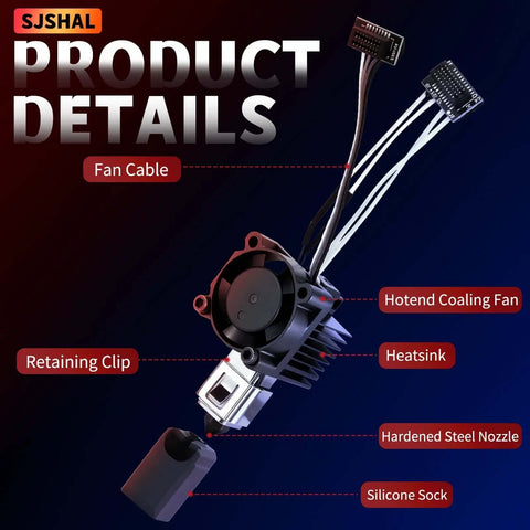 Plug-and-Play Hotend Replacement Kit For P1P And P1S 3D Printer Hardened Steel 0.4mm Nozzle, showing fan and heatsink details.