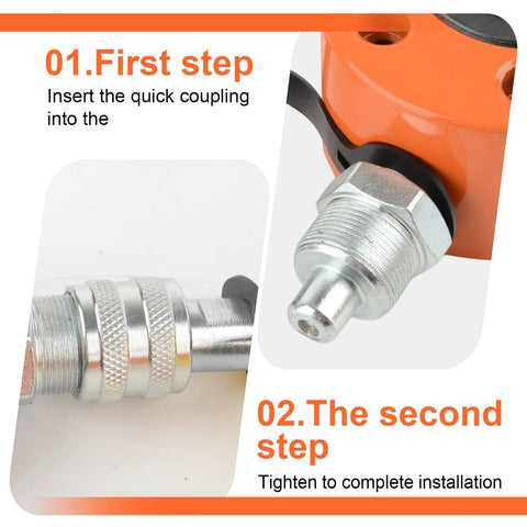 20-ton hydraulic ram jack close-up showing orange handle and silver quick-connect coupling