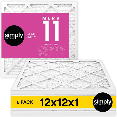 12x12x1 Air Filter For HVAC Systems MERV 11 MPR 1000 6 Pack with packaging, showing front and stacked side view.
