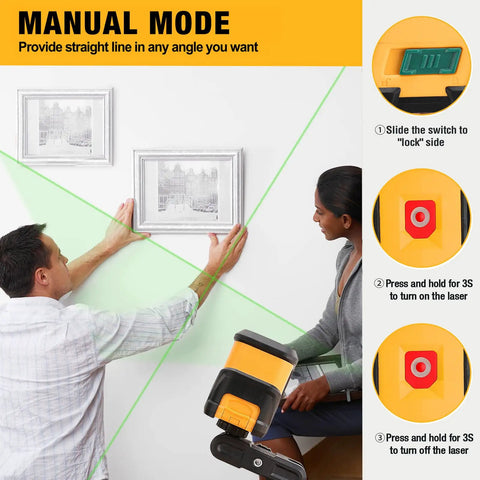 Two people using a Green Beam Laser Level With Tripod, Self Leveling 65 Ft Cross Line Tool For Hanging Pictures, with manual mode instructions.