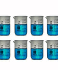 Set of 8 borosilicate glass beakers with graduations, each 400ml, filled with blue liquid, featuring pouring spouts.