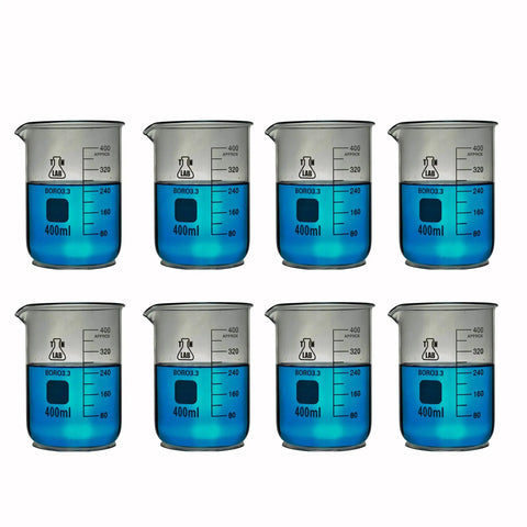 Set of 8 borosilicate glass beakers with graduations, each 400ml, filled with blue liquid, featuring pouring spouts.