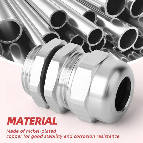 Close-up of Set Of Four Nickel Plated Copper Waterproof Cable Glands NPT Half Inch Heavy Duty Adjustable 6 To 12 Mm Cable Gland Protectors
