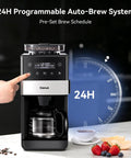 10 Cup Grind And Brew Coffee Maker Featuring A Sleek Touch Display, Programmable Schedule, Custom Grind Levels, Smooth Sip Keep Warm, And Hassle Free Set It Forget It Automation For Daily Caffeine Cravings with a hand adjusting settings.