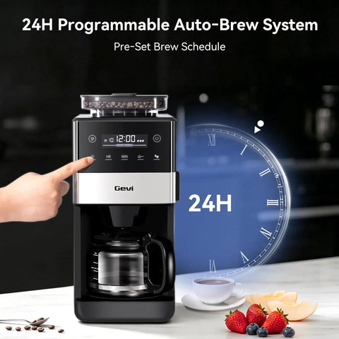 10 Cup Grind And Brew Coffee Maker Featuring A Sleek Touch Display, Programmable Schedule, Custom Grind Levels, Smooth Sip Keep Warm, And Hassle Free Set It Forget It Automation For Daily Caffeine Cravings with a hand adjusting settings.