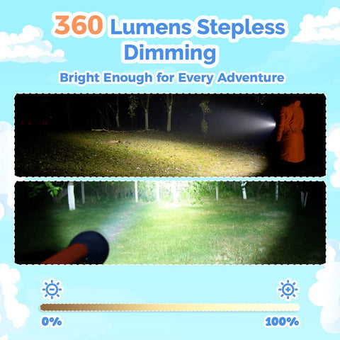 Comparison of light modes from Kid Friendly Rechargeable LED Flashlight With Fun DIY Stickers, showing adjustable brightness in outdoor setting.