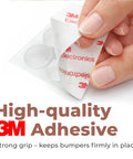 Hand holding clear 3M adhesive backing for Skip Annoying Door Slams Cabinet Bumpers And Self Adhesive Silicone Furniture Pads.