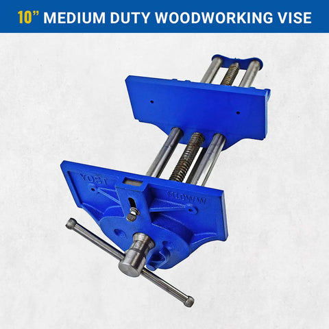 Rapid Action Woodworking Bench Vise With Quick Release Lever For Easy Adjustments, 10 Inch Jaw, Cast Iron, Steel Rails, Blue