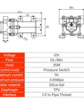 Technical specifications and dimensions for 12V Diaphragm Water Pump With Self Priming Booster Delivers 3 GPM At 65 PSI Includes Hose Connector